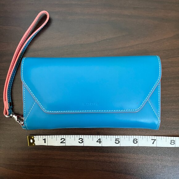 Lodis Audrey Blue & Coral Leather Wristlet Phone Wallet Detachable Strap New - Picture 6 of 7